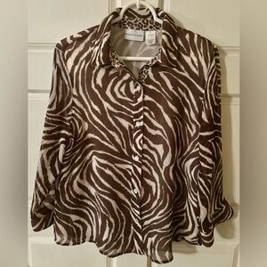 Alfred Dunner Brown and White Animal Print Button Down Shirt
